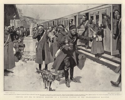 トランスシベリア鉄道の道の駅でロシアの兵士にお茶を出す 作： Frank Craig